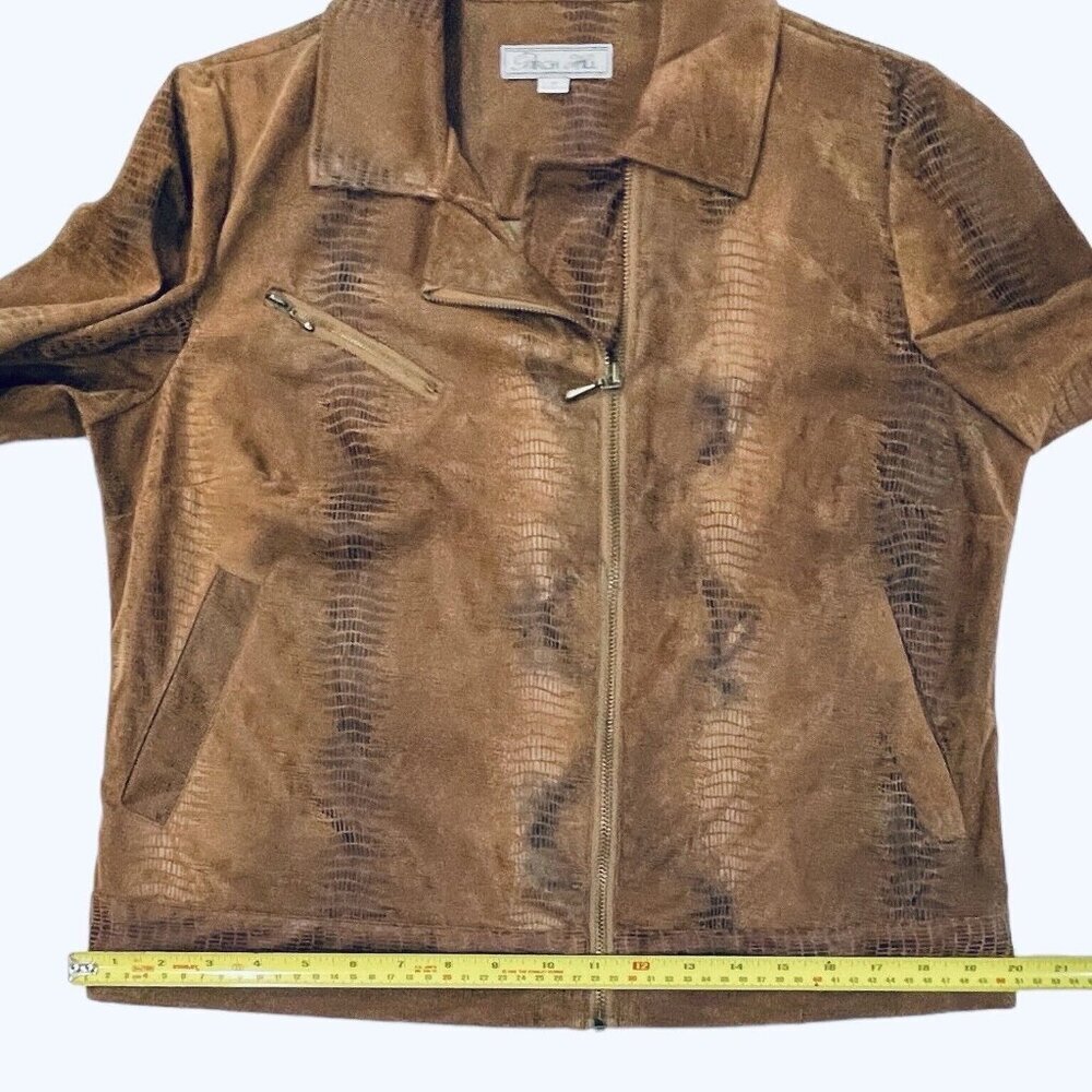BIRCH HILL Snakeskin Moto Trucker Jacket Women Medium Brown Multi Faux‎ Suede - Picture 13 of 14